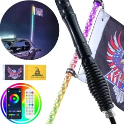 Online LED Piskelygte med Spiral Antenne 1 stk 3FT RGB, Fjernbetjening via App. Flag & Vindposer