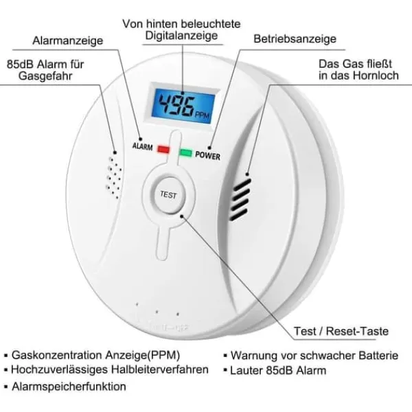 Røg- & Kulmonoxiddetektorer^Lollanda kuliltealarm med LCD-skærm – høj følsomhed, 85 dB høj advarsel, batteridrevet CO-gasdetektor
