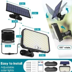 Lollanda solcelleforlygte, udendørs solcellelampe med bevægelsessensor – vandtæt, 190 LED, 3 tilstande, væglampe til have og indkørsel Sikkerhedslamper