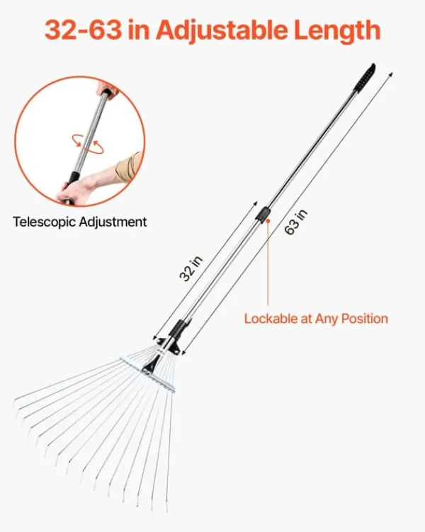 New Løvrive - Teleskopisk haverive - 15 Metaltænder - Justerbar bredde 19–57 cm - Teleskopskaft 81,3–160 cm - Rustfrit stål - Til løv og græsplæne Haveværktøj