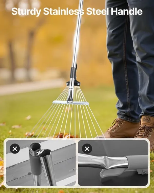 New Løvrive - Teleskopisk haverive - 15 Metaltænder - Justerbar bredde 19–57 cm - Teleskopskaft 81,3–160 cm - Rustfrit stål - Til løv og græsplæne Haveværktøj
