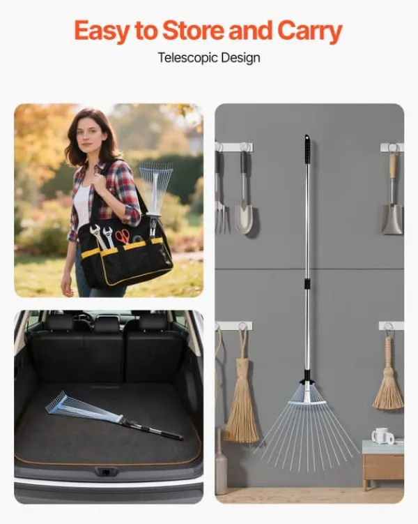 New Løvrive - Teleskopisk haverive - 15 Metaltænder - Justerbar bredde 19–57 cm - Teleskopskaft 81,3–160 cm - Rustfrit stål - Til løv og græsplæne Haveværktøj