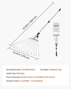 New Løvrive - Teleskopisk haverive - 15 Metaltænder - Justerbar bredde 19–57 cm - Teleskopskaft 81,3–160 cm - Rustfrit stål - Til løv og græsplæne Haveværktøj