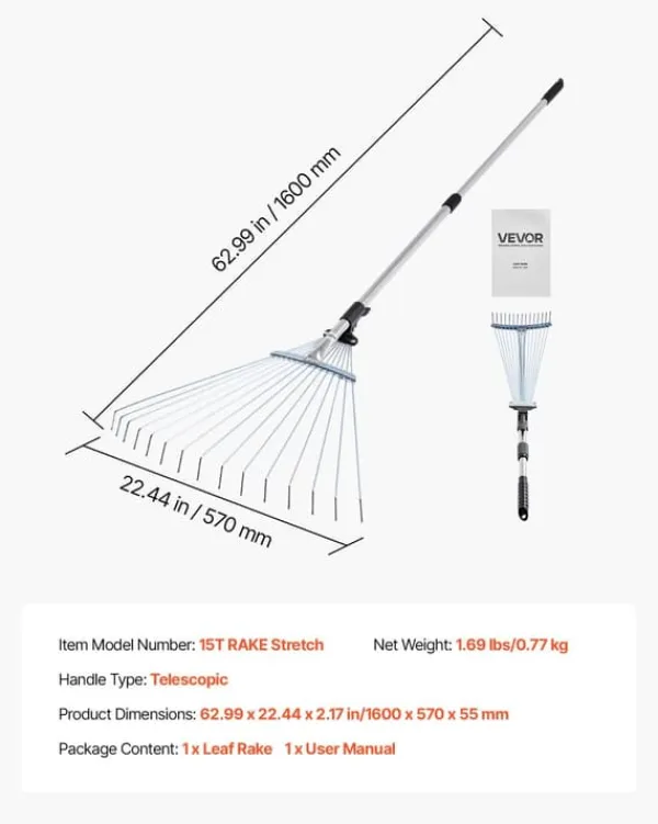 New Løvrive - Teleskopisk haverive - 15 Metaltænder - Justerbar bredde 19–57 cm - Teleskopskaft 81,3–160 cm - Rustfrit stål - Til løv og græsplæne Haveværktøj