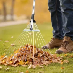 New Løvrive - Teleskopisk haverive - 15 Metaltænder - Justerbar bredde 19–57 cm - Teleskopskaft 81,3–160 cm - Rustfrit stål - Til løv og græsplæne Haveværktøj