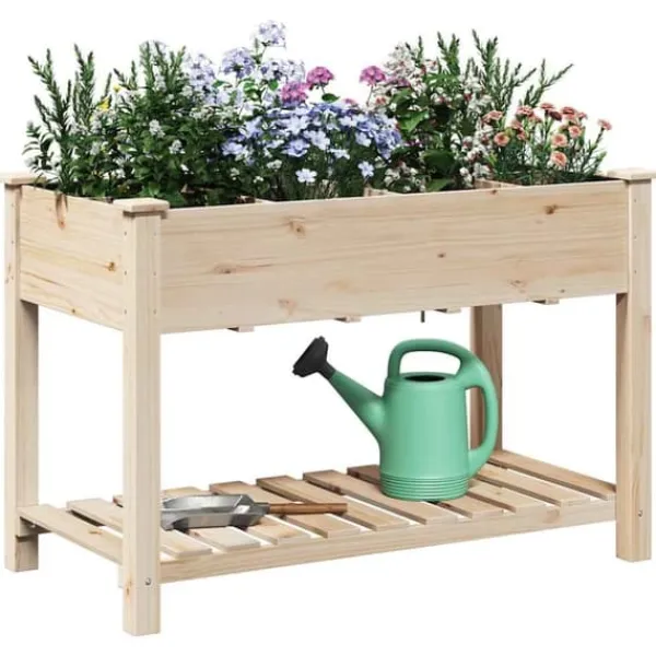 Plantningsbænke^Massiv Blomsterkrukke med Hylde - Træplantkasse | Farve: Beige | Størrelse: 115x59x76.5 cm