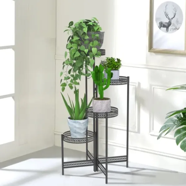 New Metal Plante Stativ, Foldbar, Høj Blomsterpotte Holder, 4 TierBlack Krukker & Plantebeholdere