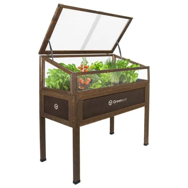 Sale Mini drivhus med overdækning til altan og terrasse 110x55x120 cm Greenspot - Drivhus på træplatform, Hævet træbed, Kold ramme med overdækning på høje | CDON Drivhus