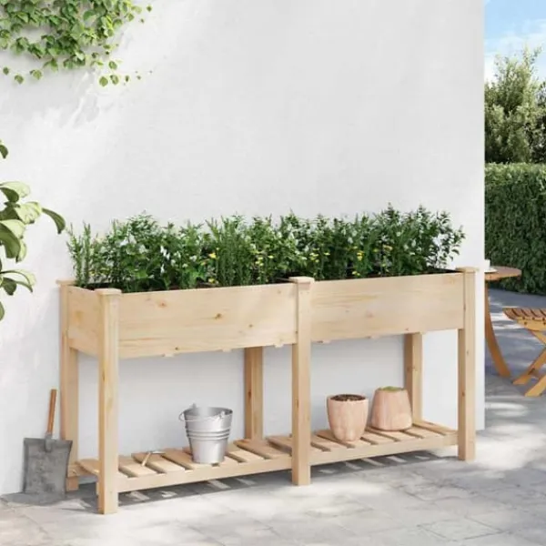 Plantningsbænke^Moderne blomsterkrukke i massiv fyrretræ med hylde | Størrelse: 161x43x76.5 cm | Farve: Beige