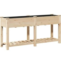Plantningsbænke^Moderne blomsterkrukke i massiv fyrretræ med hylde | Størrelse: 161x43x76.5 cm | Farve: Beige