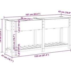 Plantningsbænke^Moderne blomsterkrukke i massiv fyrretræ med hylde | Størrelse: 161x43x76.5 cm | Farve: Beige