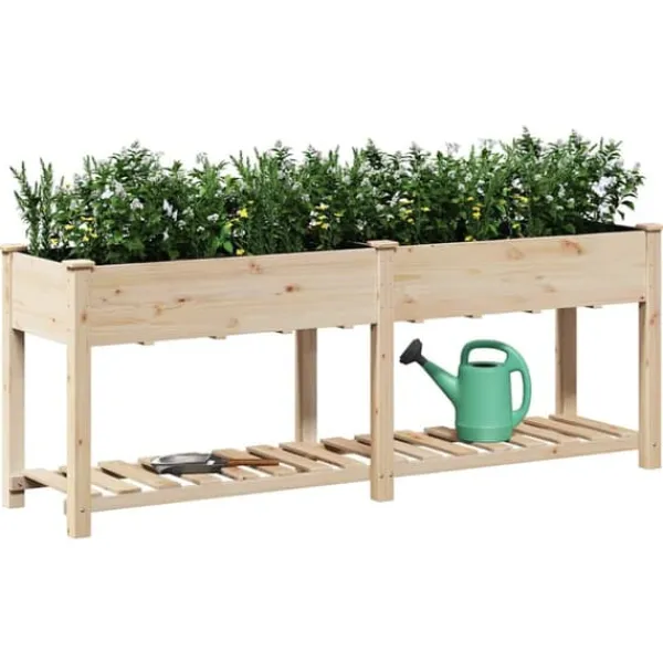 Best Moderne Plantekasse i Massivt Fyrretræ med Indbygget Hylde | Farve: Beige | Størrelse: 203x53x76.5 cm Plantningsbænke