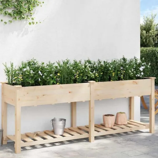 Best Moderne Plantekasse i Massivt Fyrretræ med Indbygget Hylde | Farve: Beige | Størrelse: 203x53x76.5 cm Plantningsbænke