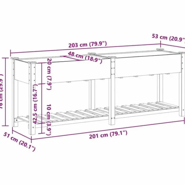 Best Moderne Plantekasse i Massivt Fyrretræ med Indbygget Hylde | Farve: Beige | Størrelse: 203x53x76.5 cm Plantningsbænke