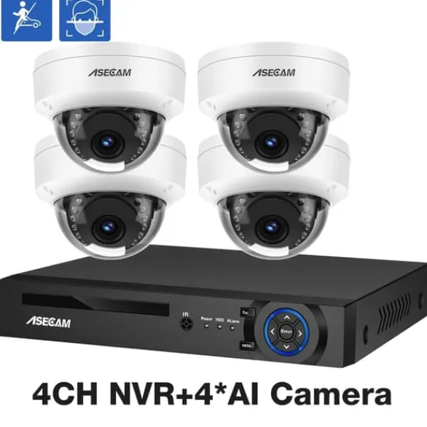 Online 8MP 4K Sikkerhedskamera System, AI Ansigtsgenkendelse, Nattesyn,4CH NVR 4 AI kamera, Ingen Sikkerhedsmonitorer & Videokameraer