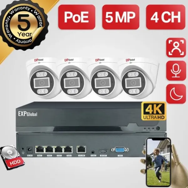 Sikkerhedsmonitorer & Videokameraer^5MP POE CCTV Kamera System, 4 Kanal Video Indgang, Infrarød Nattesyn,1T, 4CH 4 Dome Kamera