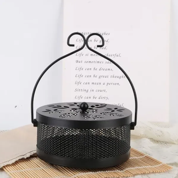 Insektmiddel & Dyreafvisende Middel^Myggespiralholder Metal Askeholder Rund Bærbar Spiral Røgelsesboks (Sort)