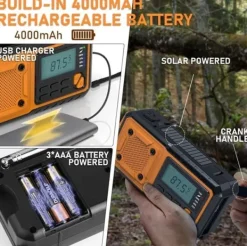 Beredskabsplaner^Nødradio 4000mAh - AM/FM/SW håndsvinget radio med solceller USB, lommelygte, læselampe, SOS-alarm, velegnet til camping, vandreture og nødberedskab. | CDON