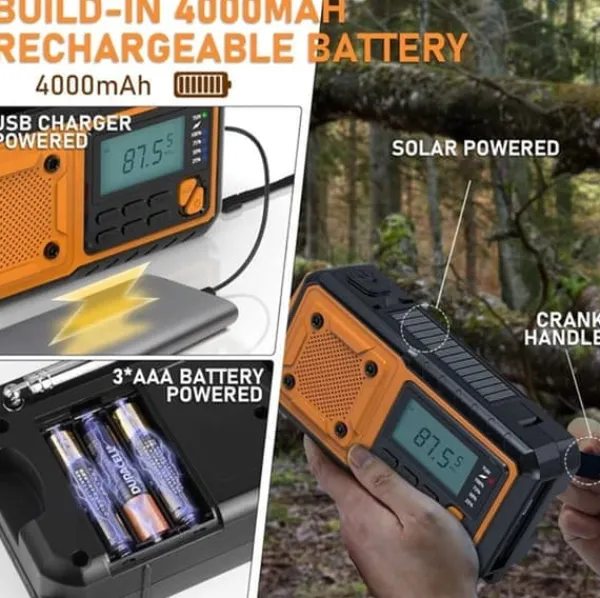 Beredskabsplaner^Nødradio 4000mAh - AM/FM/SW håndsvinget radio med solceller USB, lommelygte, læselampe, SOS-alarm, velegnet til camping, vandreture og nødberedskab. | CDON
