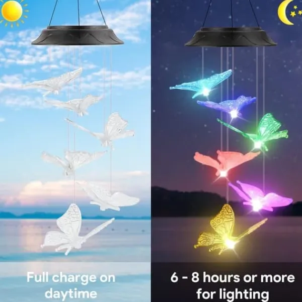 Vinddekoration^OBOSOE Butterfly Solar Powered Wind Chime – Farverig LED-belysning, IP44 vandtæt dekoration til have og terrasse