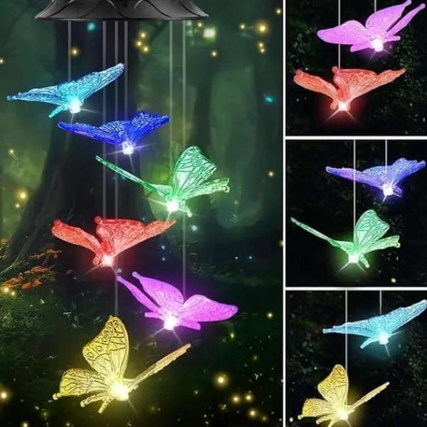Vinddekoration^OBOSOE Butterfly Solar Powered Wind Chime – Farverig LED-belysning, IP44 vandtæt dekoration til have og terrasse