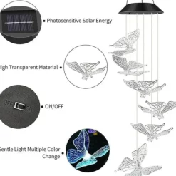 Vinddekoration^OBOSOE Butterfly Solar Powered Wind Chime – Farverig LED-belysning, IP44 vandtæt dekoration til have og terrasse