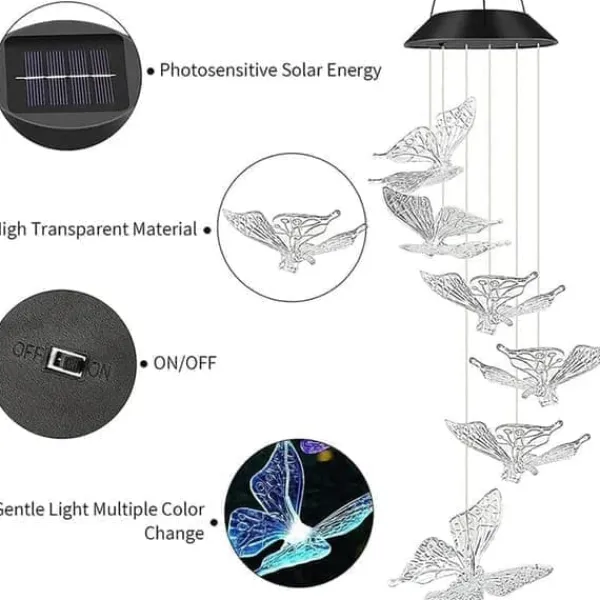 Vinddekoration^OBOSOE Butterfly Solar Powered Wind Chime – Farverig LED-belysning, IP44 vandtæt dekoration til have og terrasse