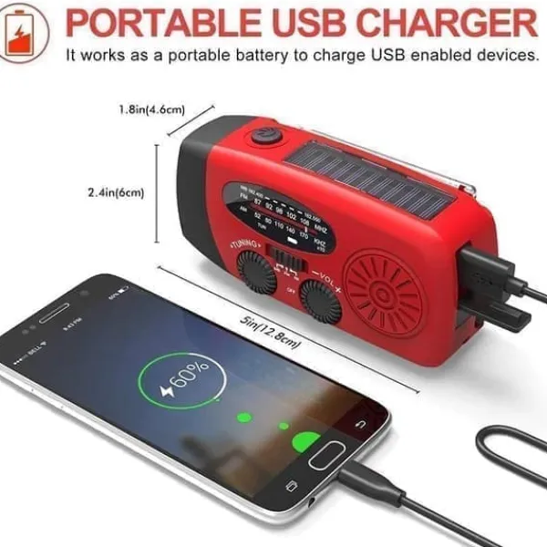 Hot OBOSOE Krank Radio med Solceller, Lommelygte og 2000mAh Powerbank SOS, Rød Beredskabsplaner