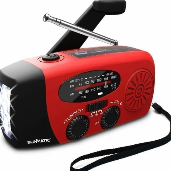 Sale OBOSOE Krankradio med solceller, LED lommelygte og 2000mAh Powerbank SOS SUNMATIC - Vejrradio til hjemmet og camping nødsituationer med AM/FM radio Beredskabsplaner