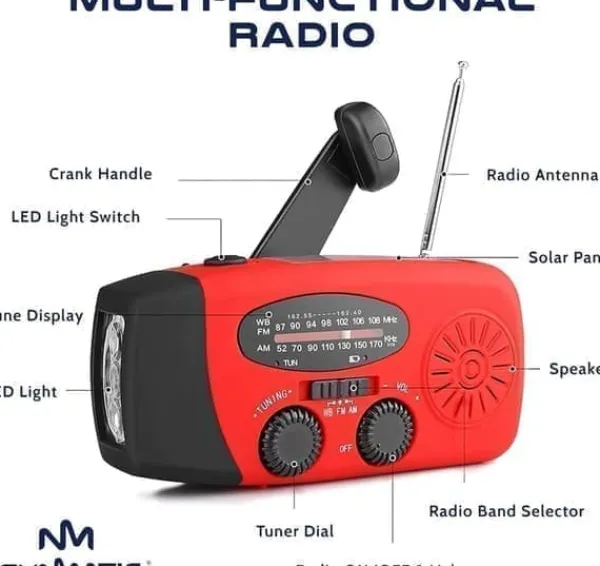 Sale OBOSOE Krankradio med solceller, LED lommelygte og 2000mAh Powerbank SOS SUNMATIC - Vejrradio til hjemmet og camping nødsituationer med AM/FM radio Beredskabsplaner