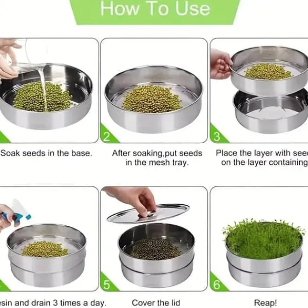 Kit Til Plante- & Urtedyrkning^OBOSOE 3-lags rustfrit stål Grokit - Stabelbare kimbakker til dyrkning af friske økologiske spirer såsom lucerne, radise, broccolispirer, hvedegræs