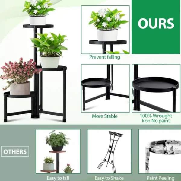 Hot OBOSOE Metal Plant Rack 3-Level – Urtepottehylde til indendørs og udendørs (balkon, stue, kontor) Plantestativer
