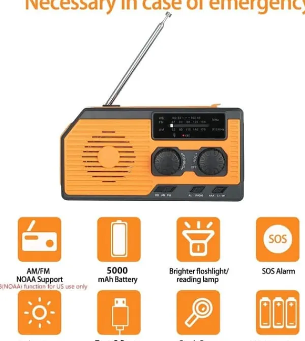 Beredskabsplaner^OBOSOE Nødradio Håndsvingsradio 5000mAh med solcelle & NOAA, vejrradio med LED lommelygte til camping