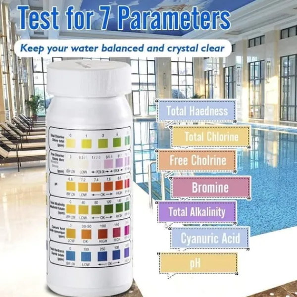 Pool- & Spatilbehør^OBOSOE 100-Pack 6-i-1 pool- og spa-teststrimler, vandtester - pH, klor, alkalinitet, cyanursyre, hårdhed