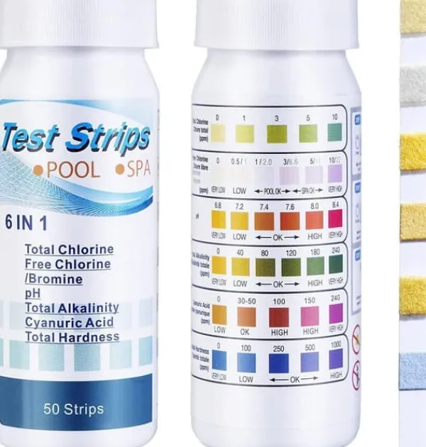 Pool- & Spatilbehør^OBOSOE 100-Pack 6-i-1 pool- og spa-teststrimler, vandtester - pH, klor, alkalinitet, cyanursyre, hårdhed