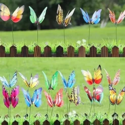 New OBOSOE 52-pak havedekoration – 3D PVC sommerfugle på pinde og guldsmede med clips, til udendørs blomster- og altandekoration Havedekorationer
