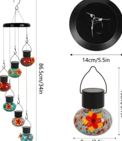 Clearance OBOSOE Solar Hummingbird Feeder med vindklokke – 6 lækagesikre glasdøre, matteret design og flerfarvet natlys Vinddekoration