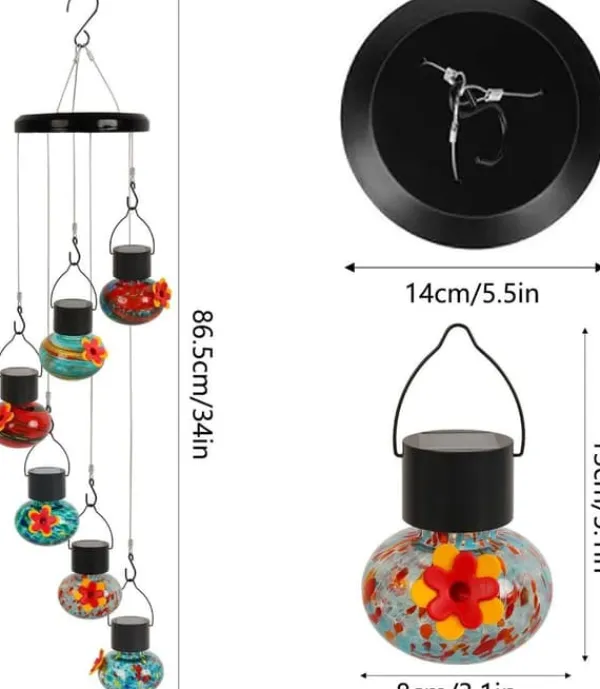 Clearance OBOSOE Solar Hummingbird Feeder med vindklokke – 6 lækagesikre glasdøre, matteret design og flerfarvet natlys Vinddekoration