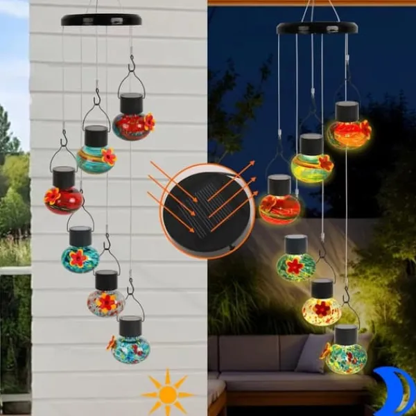 Clearance OBOSOE Solar Hummingbird Feeder med vindklokke – 6 lækagesikre glasdøre, matteret design og flerfarvet natlys Vinddekoration