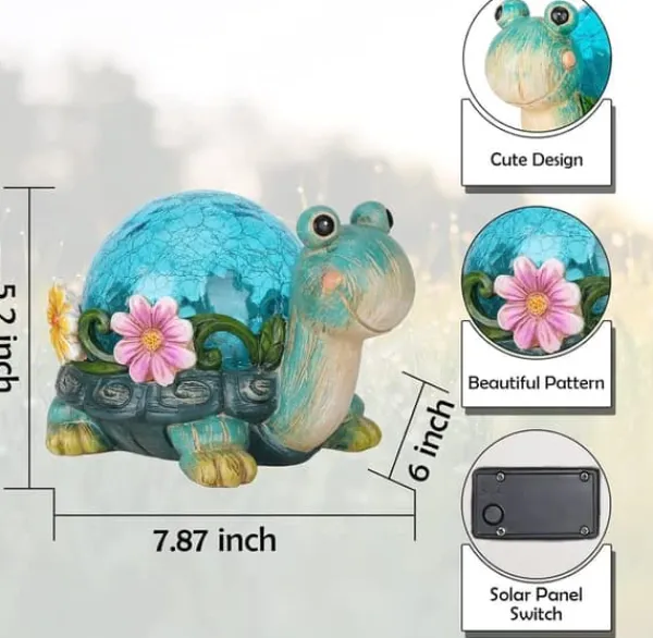 Best OBOSOE Solar Lamp Turtle Udendørs Statue – Havedekoration med revnet glas til terrasse Havedekorationer