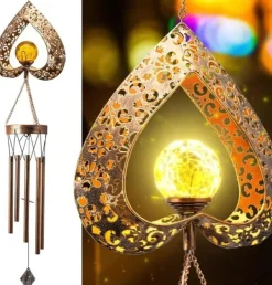 Outlet OBOSOE Solcelledrevet Vindklokke med LED-lys - Dyb tone & hjerteformet design | Sprækket glaskugle der reflekterer lys Vinddekoration
