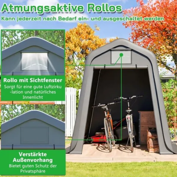 Skure, Garager & Carports^Opbevaringsskur 245x183x217 cm grå – alsidig som redskabsskur, cykelskur eller carport, vandafvisende PE-materiale med rullegardiner