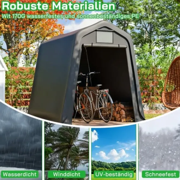 Skure, Garager & Carports^Opbevaringsskur 245x183x217 cm grå – alsidig som redskabsskur, cykelskur eller carport, vandafvisende PE-materiale med rullegardiner