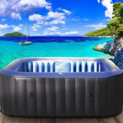Sale Oppustelig jacuzzi – Ø165 cm – 3 personer – 105 massagedyser – Med pumpe, låg og filter – Sort/hvid – Rund – Op til 42°C Spa & Udendørsbad