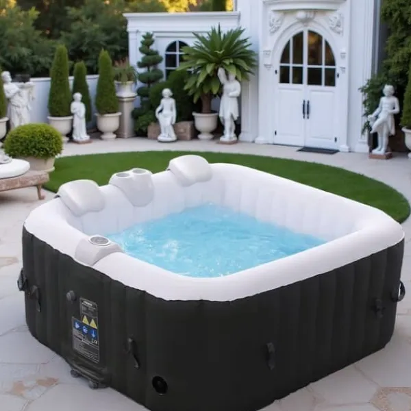 Spa & Udendørsbad^Oppustelig jacuzzi – 4 personer – 180 x 180 x 63 cm – 799L – Rund – 120 massagedyser – Til indendørs og udendørs brug – Med varme, isolerende overtræk | CDON