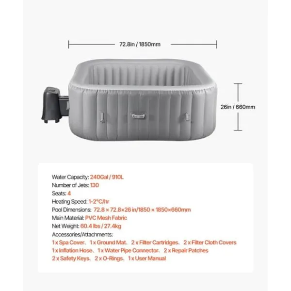 Online Oppusteligt Spa, 4-6 Personer, 1850 x 660 mm, Firkantet Bærbar, Udendørs Brug, Robust Og Komfortabel Spa & Udendørsbad