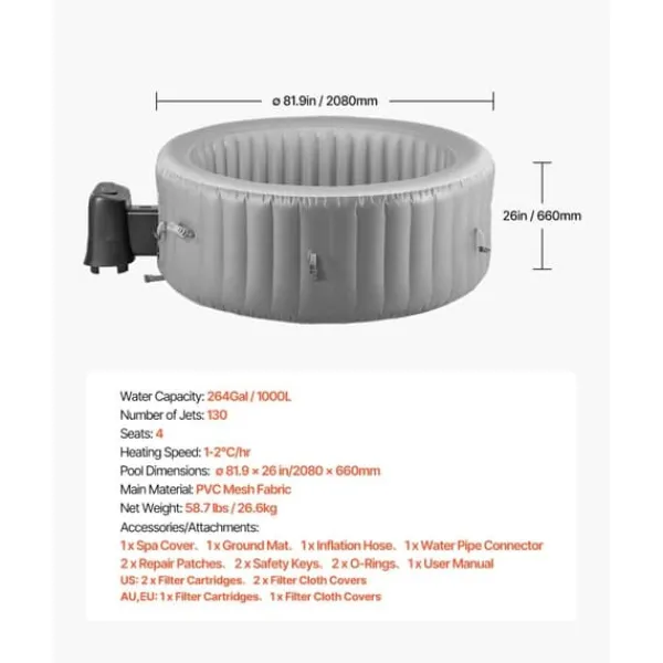 Online Oppusteligt Spa, 4 til 6 Personer, 2080 x 660 mm, Rundt Bærbart Udendørsspa, Komfort og Afslapning Spa & Udendørsbad