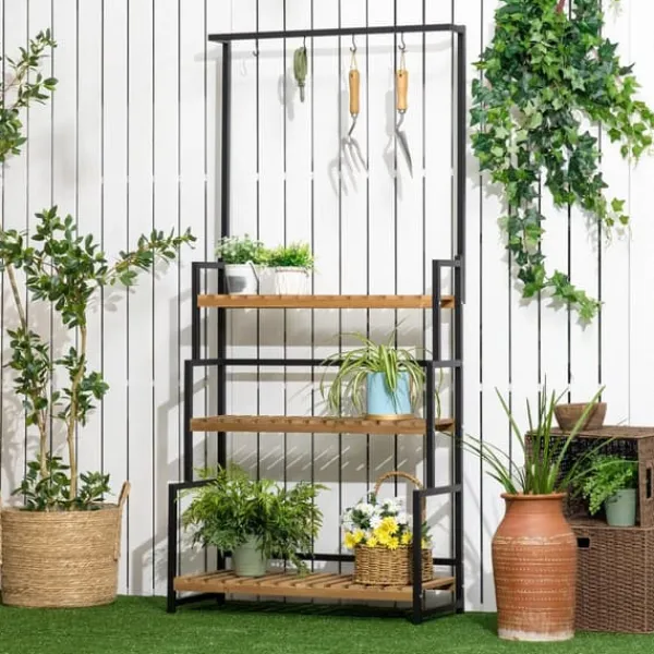Sale Outsunny Blomsterhylde med 3 niveauer, Naturtræ & Metal, 80x36x174cm Plantestativer