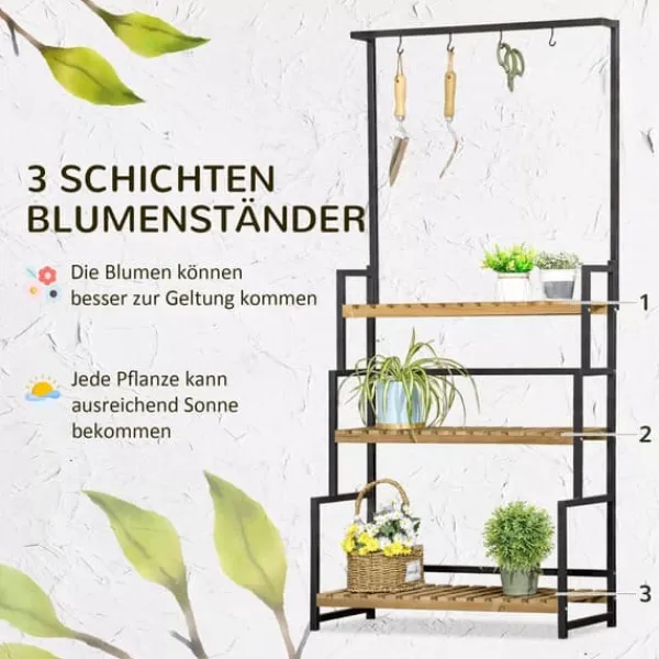 Sale Outsunny Blomsterhylde med 3 niveauer, Naturtræ & Metal, 80x36x174cm Plantestativer