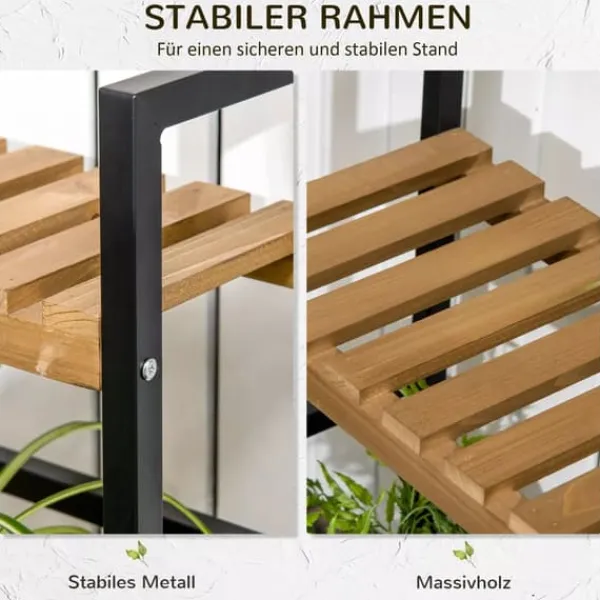 Sale Outsunny Blomsterhylde med 3 niveauer, Naturtræ & Metal, 80x36x174cm Plantestativer